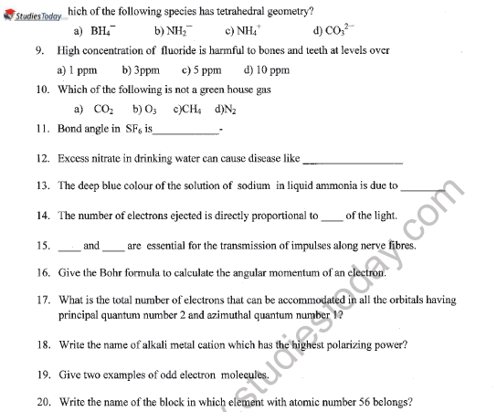 Cbse Class 11 Chemistry Sample Paper Set Y 4657